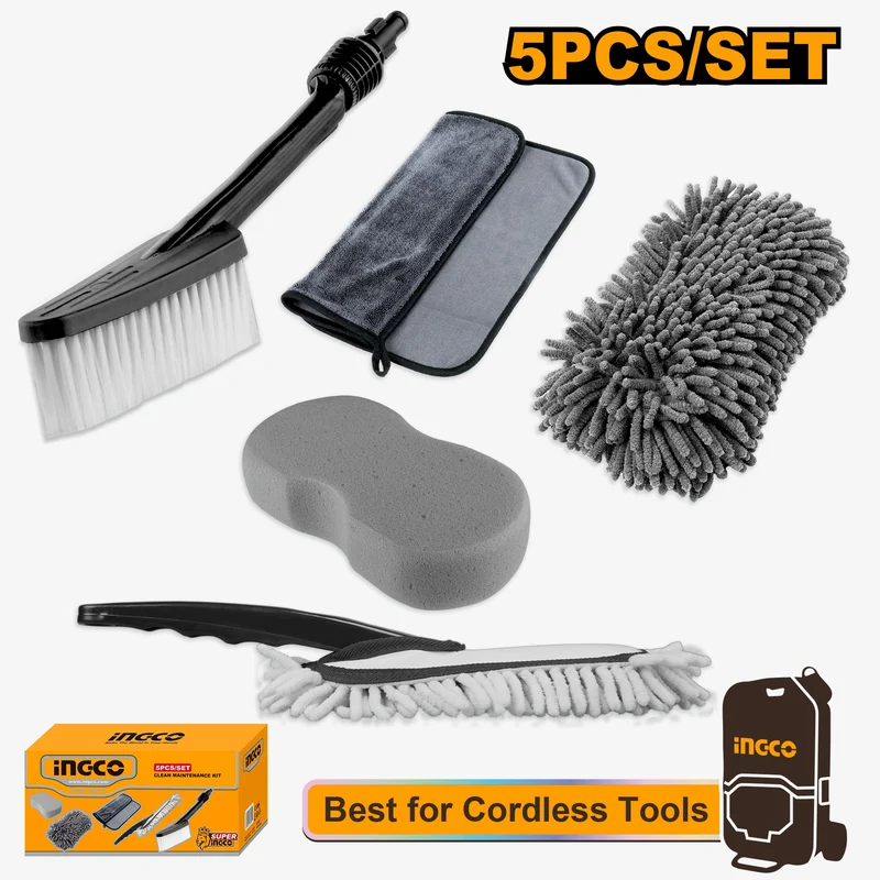 INGCO 5 Piece Clean Maintenance Kit Car Wash Towel, Glove, Sponge, Mop & Brush