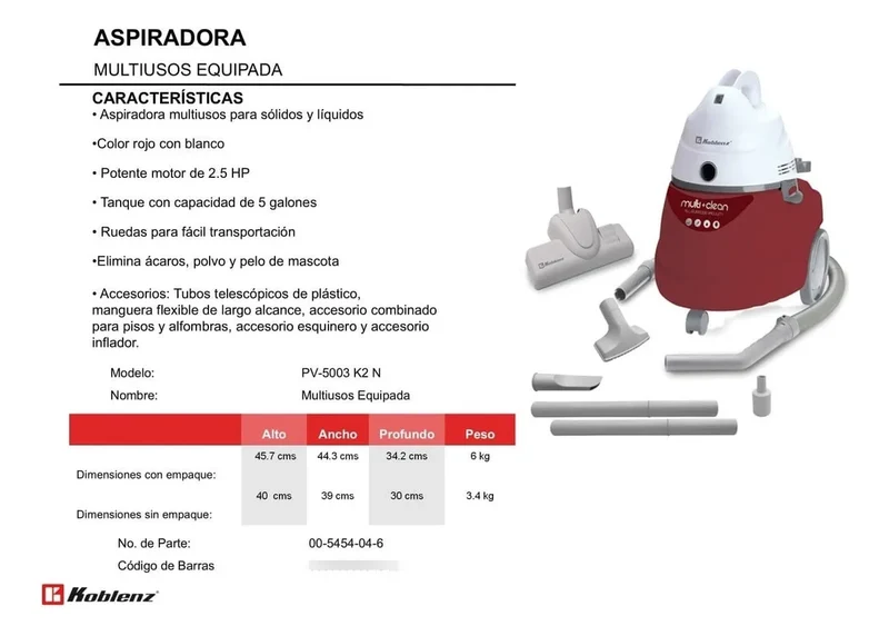 ASPIRADORA MULTIUSOS KOBLENZ MOD. PV-5003 K2 N SECO/MOJ
