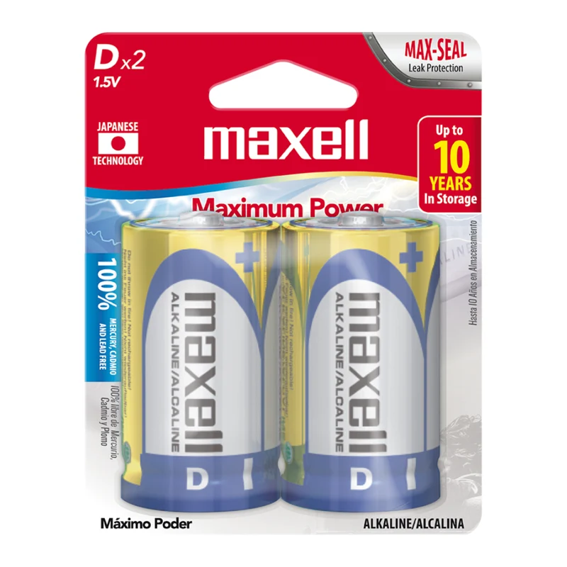 Maxell Baterías Alcalinas Tipo D, 2 Unidades