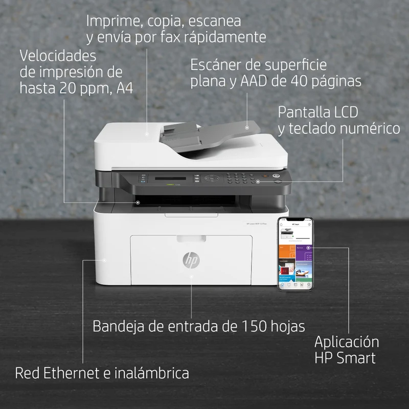 HP Impresora Multifuncional Monocromática Láser MFP137FNW, 4ZB84A