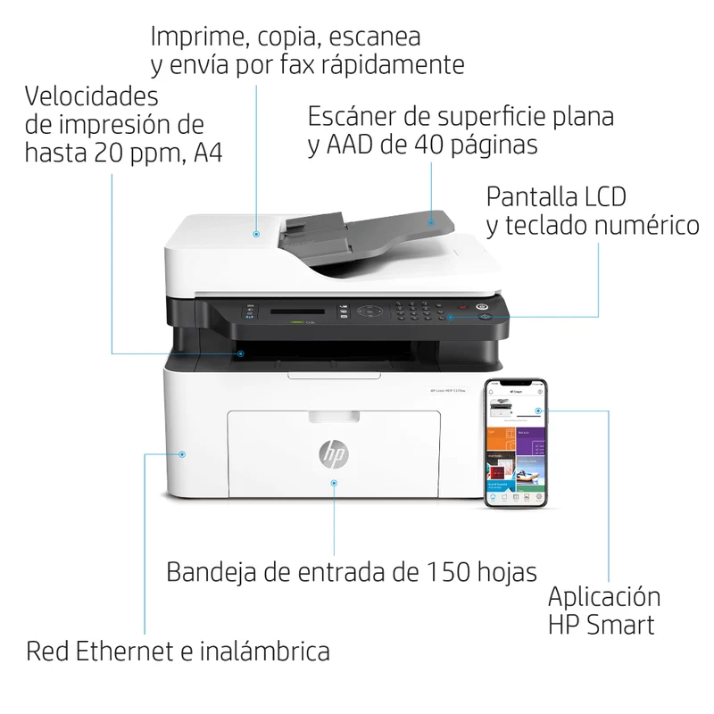 HP Impresora Multifuncional Monocromática Láser MFP137FNW, 4ZB84A