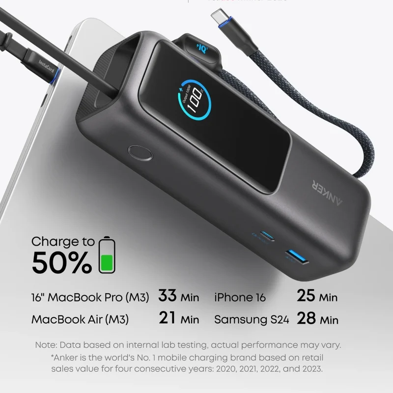 Anker Power Bank Batería Externa 25,000 mAh y 165 W con Cable USB-C, A1695H11