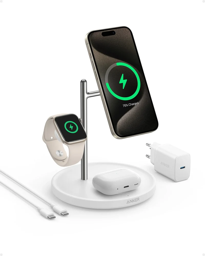 Cargador magnético 3 en 1 con base MagGo Wireless de Anker - Blanco