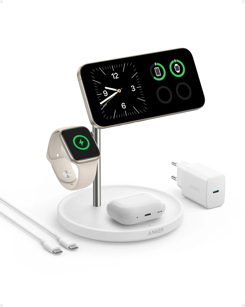 Cargador magnético 3 en 1 con base MagGo Wireless de Anker - Blanco