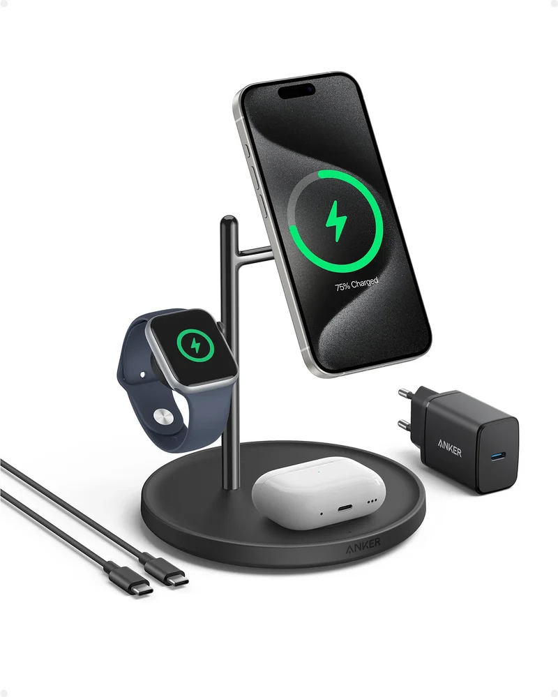 Cargador magnético 3 en 1 con base MagGo Wireless de Anker - Negro