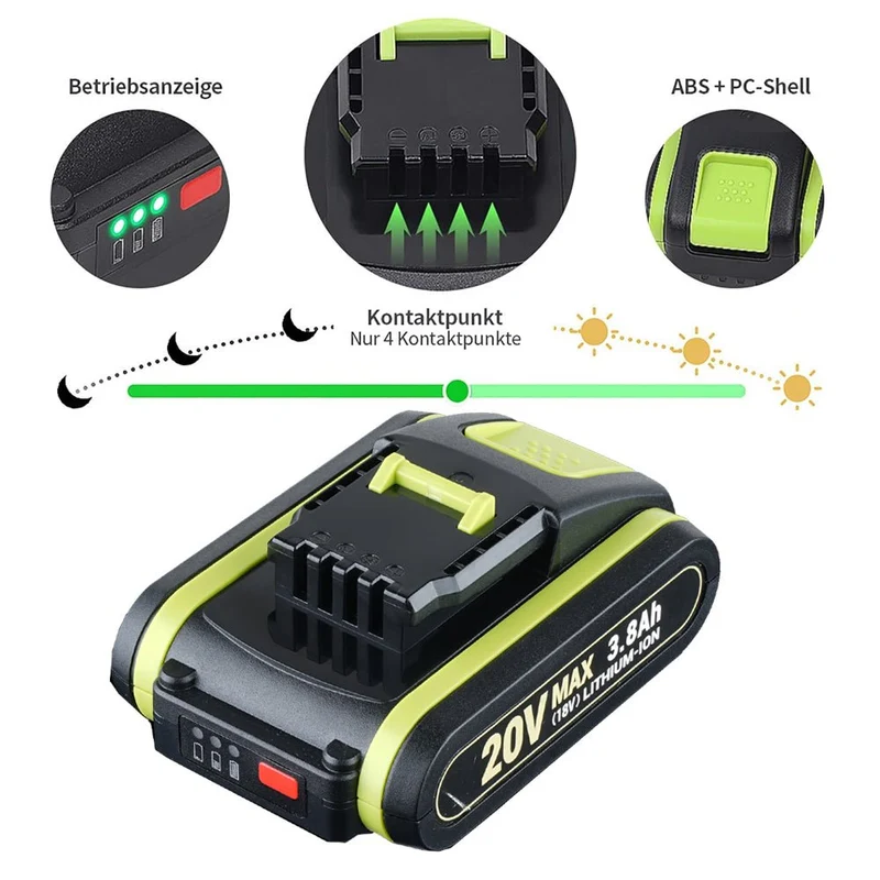 20V Max 3.8Ah Lithium Batterie für Worx WXL1805A WA3520 WA3575 WA3578 WA3551 WG160 2-Stück