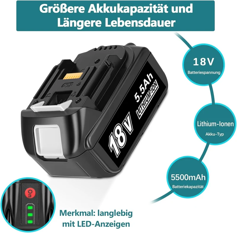 18V 5.5Ah BL1850B Ersatzakku für Makita mit LED 2-Stück/Kompatibel mit Makita 18V BL1830B BL1860B BL1820 LXT-400