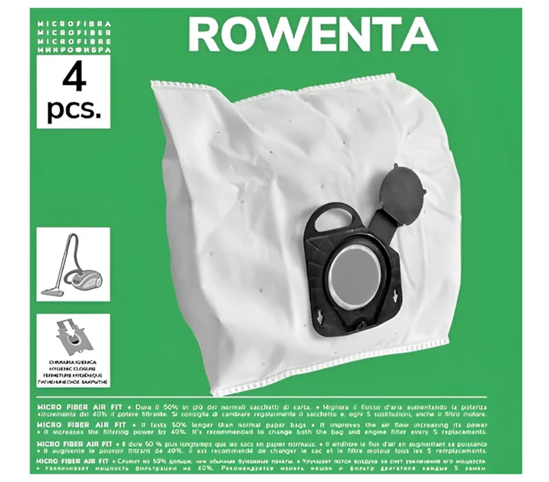 Pack de 4 Bolsas de Microfibra Compatibles con Aspiradoras Rowenta Compact Power, Power XXL, Hygiene+, X-Trem Power y Silence Fo