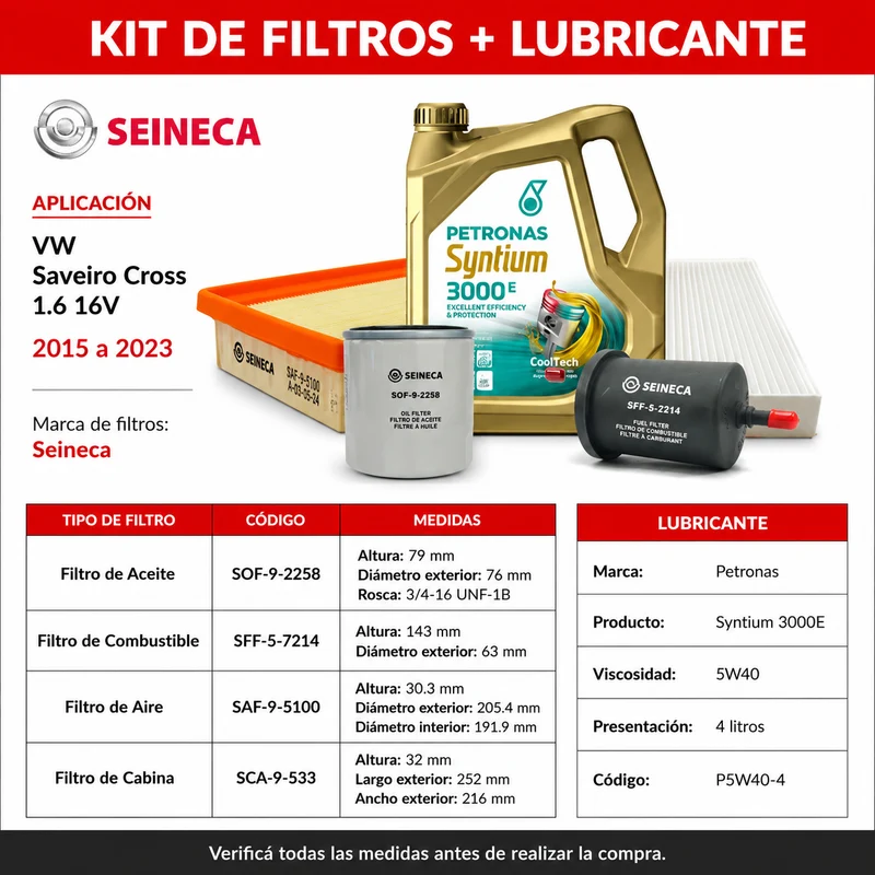 Kit Filtros VW Saveiro Cross 1,6 16V 2015/2023 - Seineca