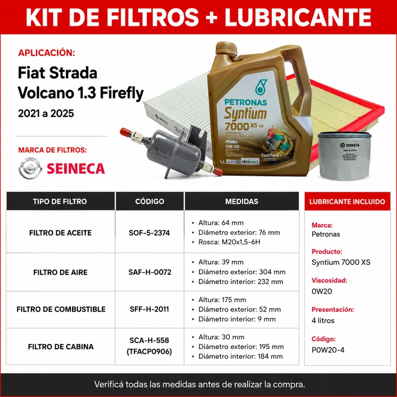 Kit Filtros Fiat Strada Volcano 1.3 Firefly 2021/2025 - Seineca