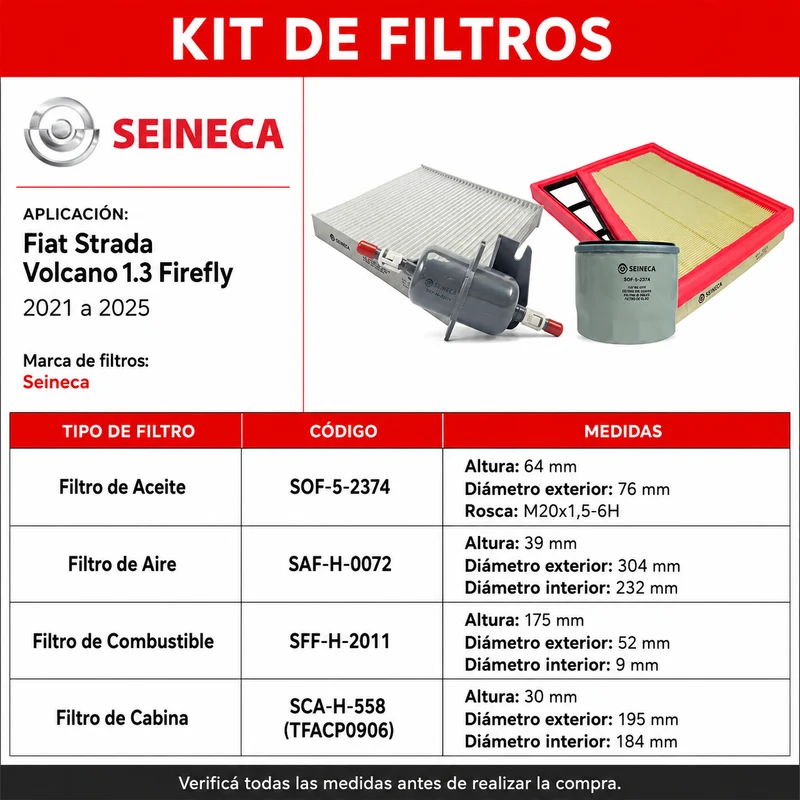 Kit Filtros Fiat Strada Volcano 1.3 Firefly 2021/2025 - Seineca