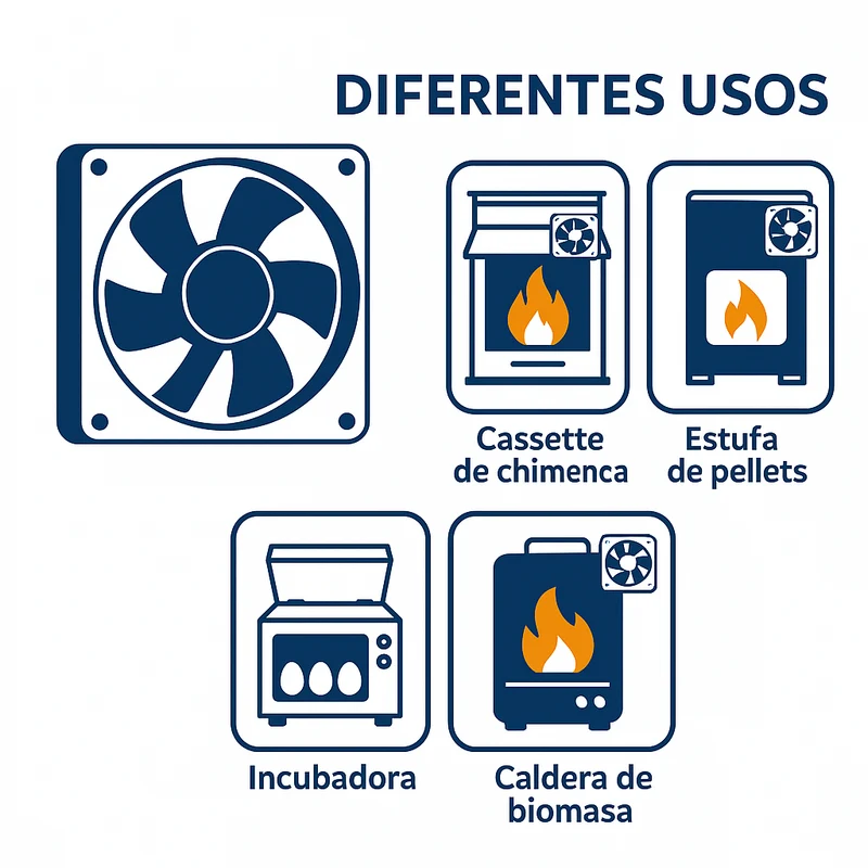 Ventilador axial universal para cassette de chimenea | Aspas metálicas alta temperatura | 120x120x38 mm