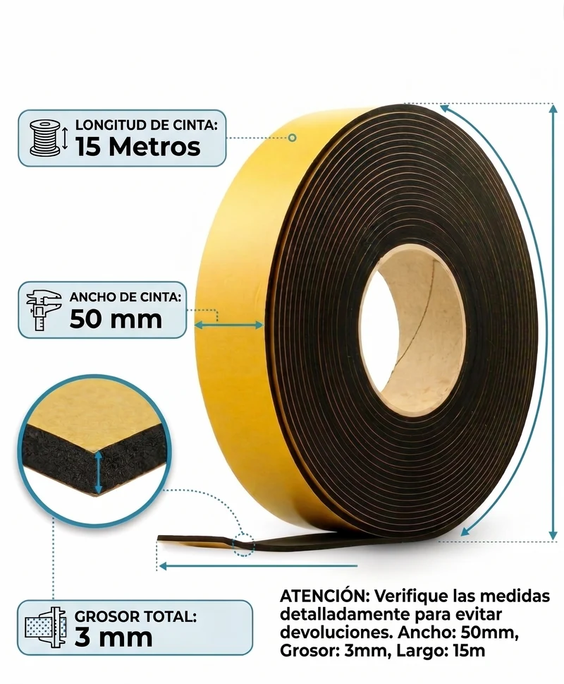 Cinta Autoadhesiva de Caucho 15m x 5cm x 3mm | Aislante Acústico y Térmico para Furgonetas Camper, Autocaravanas y Sistemas de