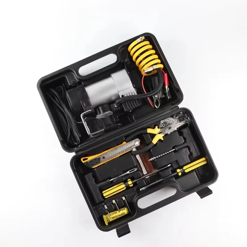 Compresor Inflador 12V Doble Cilindro + Kit Repara Neumáticos