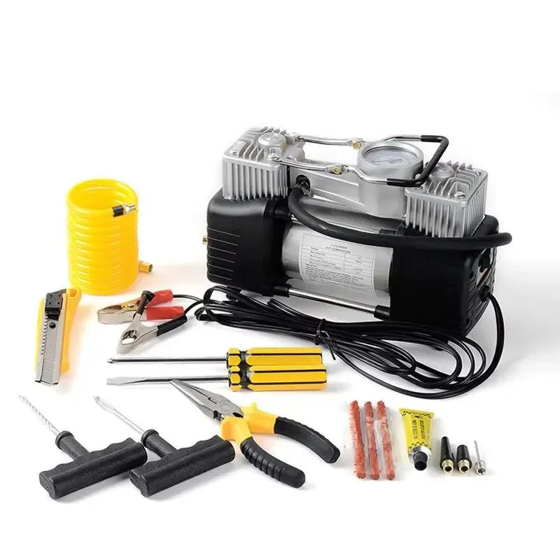 Compresor Inflador 12V Doble Cilindro + Kit Repara Neumáticos