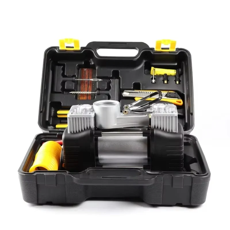Compresor Inflador 12V Doble Cilindro + Kit Repara Neumáticos