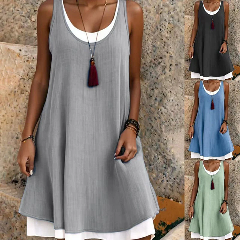 ✨Γυναικείο Casual Φόρεμα με Ριχτό Αμάνικο και Ψεύτικο Δύο Τεμαχίων-GR