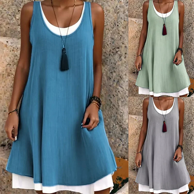 ✨Γυναικείο Casual Φόρεμα με Ριχτό Αμάνικο και Ψεύτικο Δύο Τεμαχίων-GR
