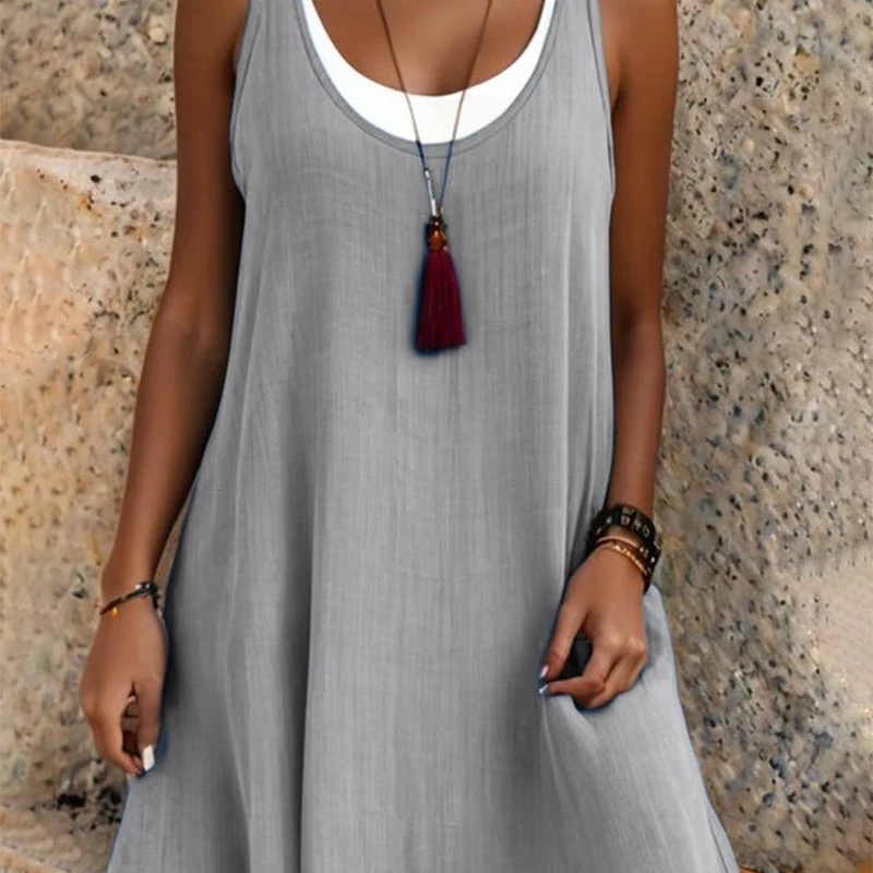 ✨Γυναικείο Casual Φόρεμα με Ριχτό Αμάνικο και Ψεύτικο Δύο Τεμαχίων-GR