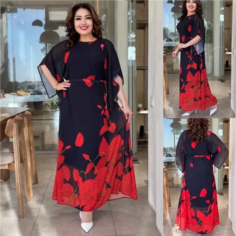 👗Vestido con cuello redondo y cinturón con vuelo 🌸 | Estampado floral | Silueta ajustable-ES