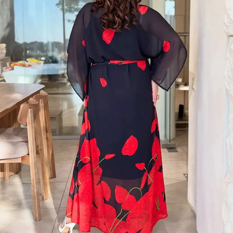 👗Vestido con cuello redondo y cinturón con vuelo 🌸 | Estampado floral | Silueta ajustable-ES