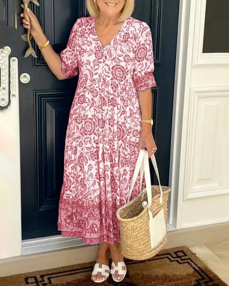 Vestido estampado con escote en pico, elegante y con estilo.-ES