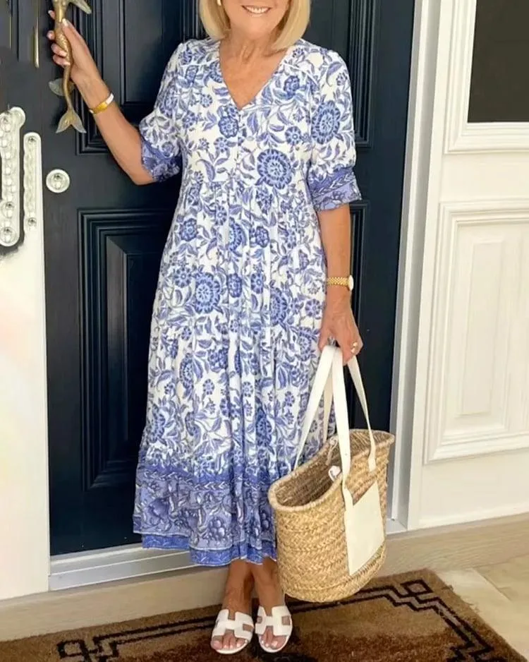 Vestido estampado con escote en pico, elegante y con estilo.-ES