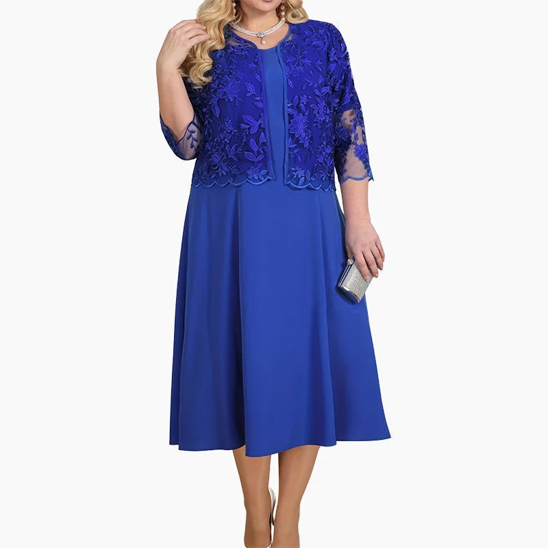 ✨Vestido de mujer en color liso con chaqueta bordada con encaje-ES