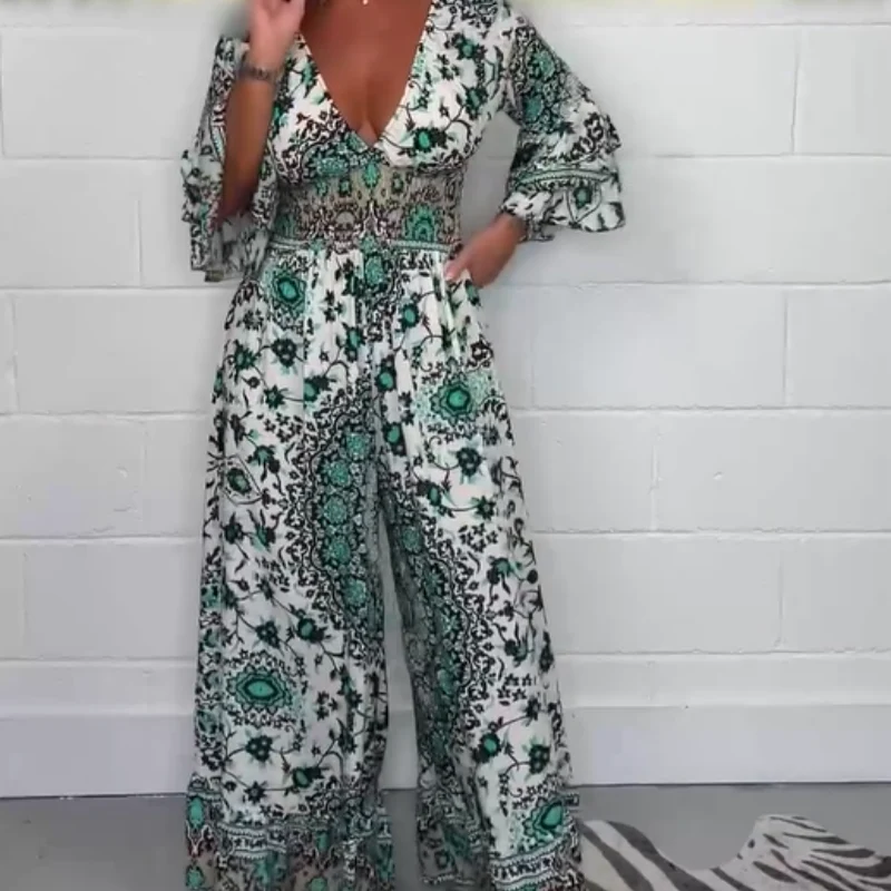 Mono de mujer con estampado y escote en pico tallas S-5XL-ES