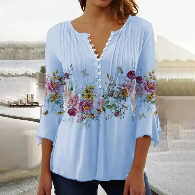 🌺 Γυναικείο Πουκάμισο με Στάμπα και V-Neck✨-GR
