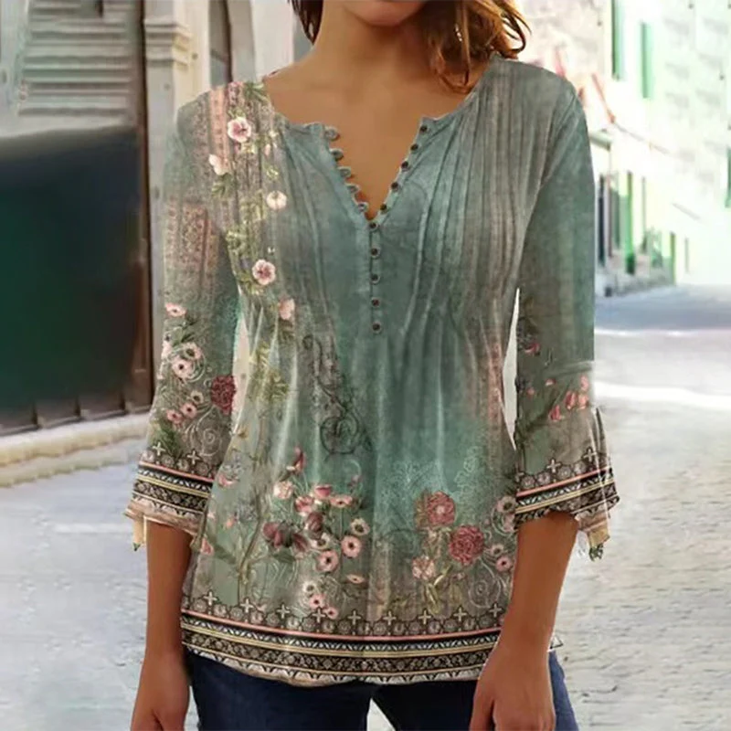 🌺 Γυναικείο Πουκάμισο με Στάμπα και V-Neck✨-GR
