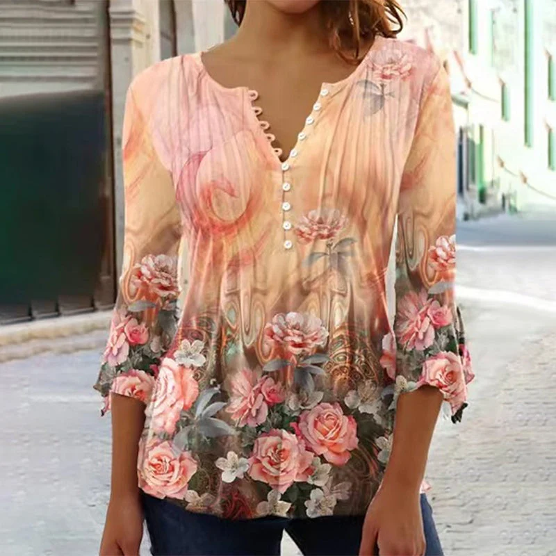 🌺 Γυναικείο Πουκάμισο με Στάμπα και V-Neck✨-GR