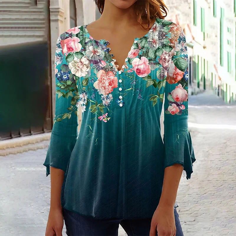 🌺 Γυναικείο Πουκάμισο με Στάμπα και V-Neck✨-GR