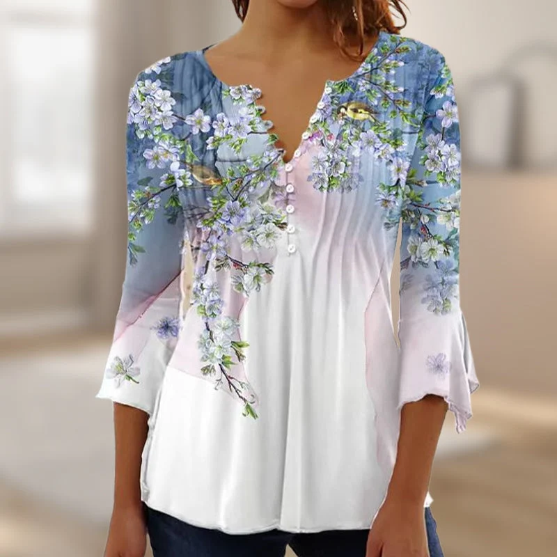 🌺 Γυναικείο Πουκάμισο με Στάμπα και V-Neck✨-GR