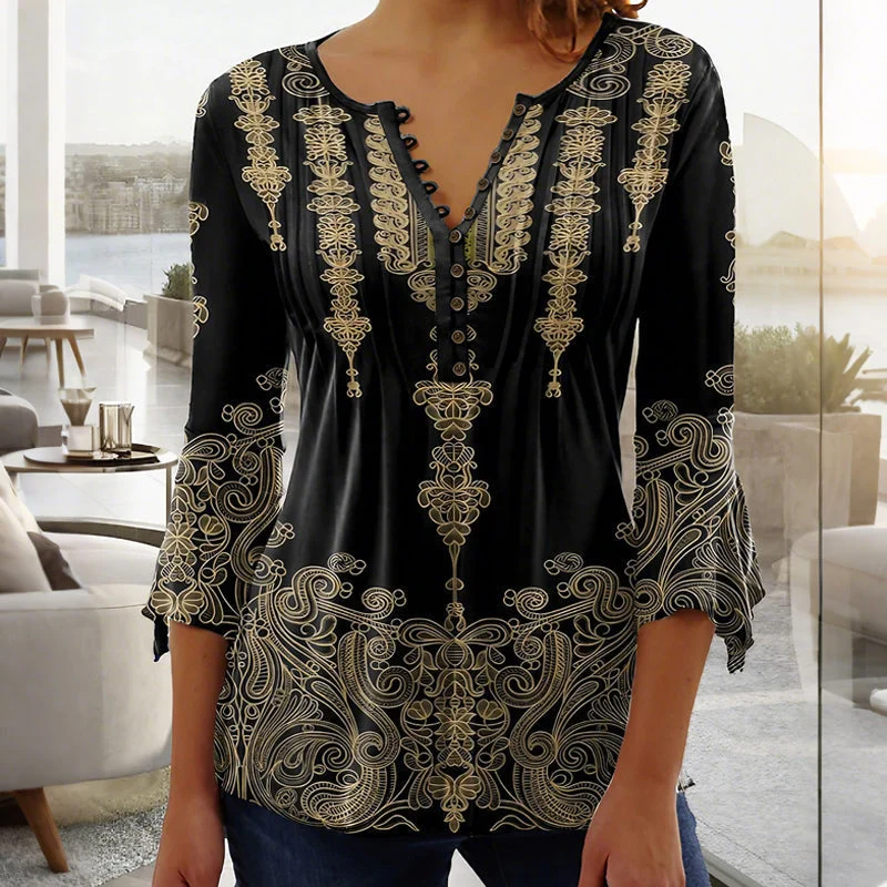 🌺 Γυναικείο Πουκάμισο με Στάμπα και V-Neck✨-GR
