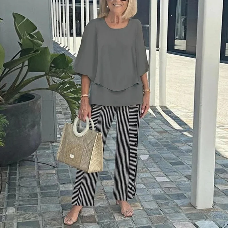 🌸Σετ γυναικείου casual παντελονιού με στρογγυλή λαιμόκοψη και στάμπα με κοντό μανίκι-GR