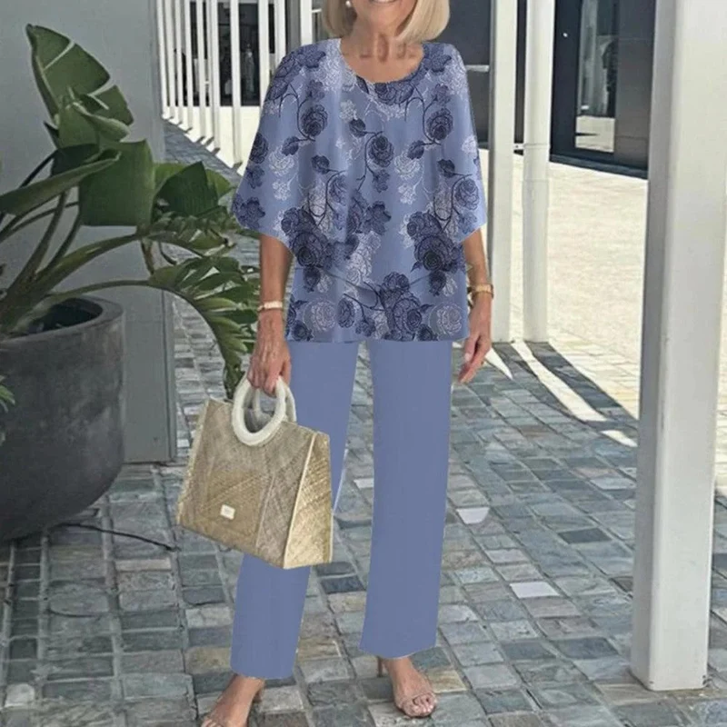 🌸Σετ γυναικείου casual παντελονιού με στρογγυλή λαιμόκοψη και στάμπα με κοντό μανίκι-GR