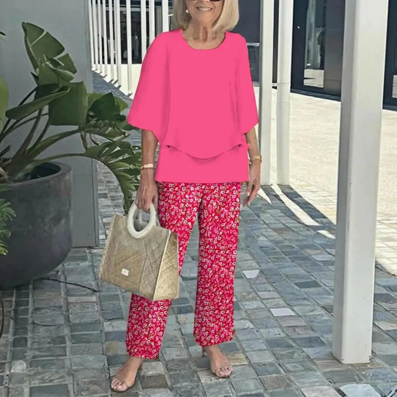 🌸Σετ γυναικείου casual παντελονιού με στρογγυλή λαιμόκοψη και στάμπα με κοντό μανίκι-GR