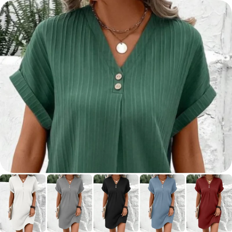 【M-3XL】🍃Μονόχρωμο φόρεμα από μείγμα βαμβακιού και λινού με κουμπιά-GR