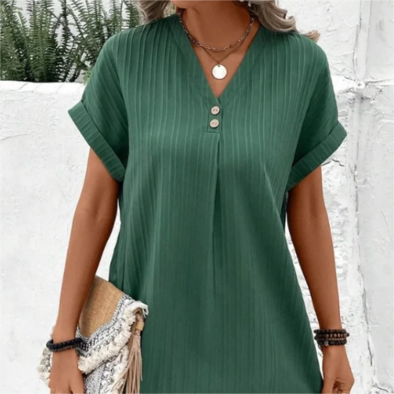 【M-3XL】🍃Μονόχρωμο φόρεμα από μείγμα βαμβακιού και λινού με κουμπιά-GR