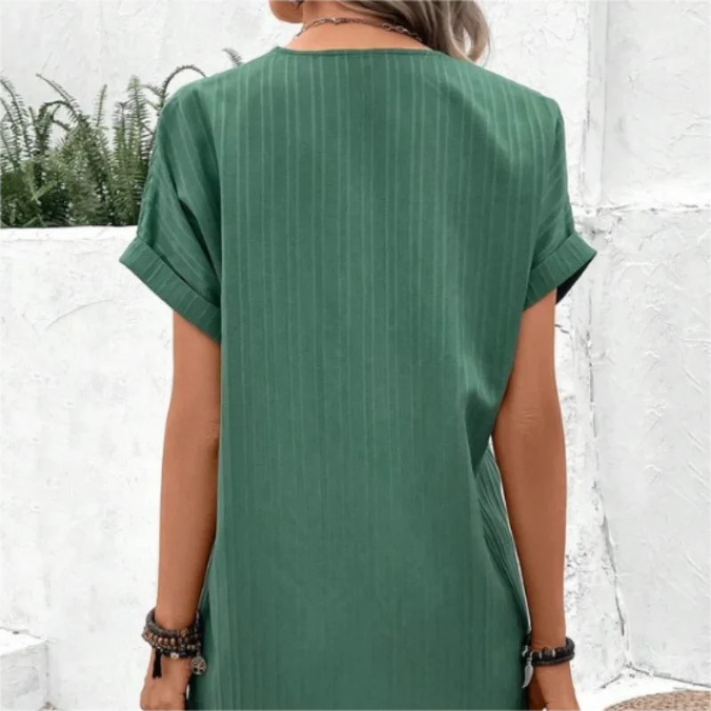 【M-3XL】🍃Μονόχρωμο φόρεμα από μείγμα βαμβακιού και λινού με κουμπιά-GR
