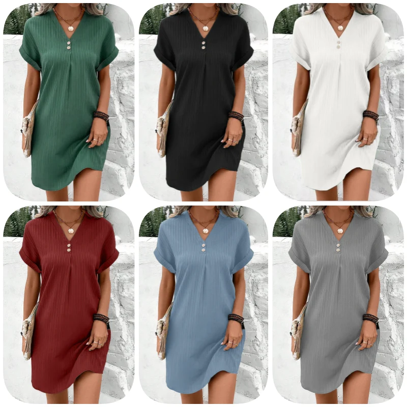 【M-3XL】🍃Μονόχρωμο φόρεμα από μείγμα βαμβακιού και λινού με κουμπιά-GR
