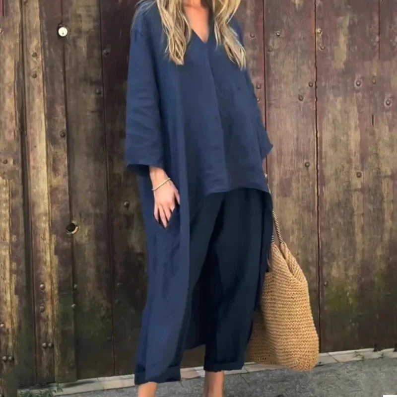 💖Traje de dos piezas de lino de verano para mujer con bolsillos y escote en pico-ES