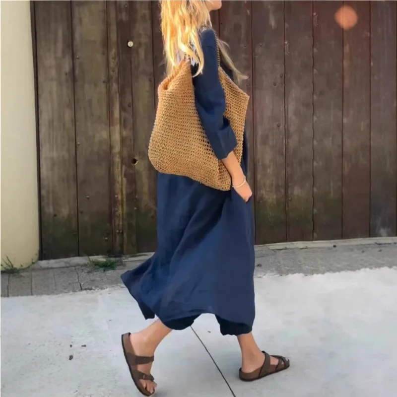 💖Traje de dos piezas de lino de verano para mujer con bolsillos y escote en pico-ES