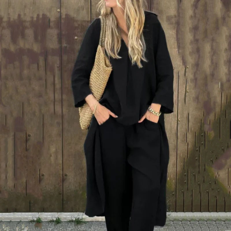 💖Traje de dos piezas de lino de verano para mujer con bolsillos y escote en pico-ES