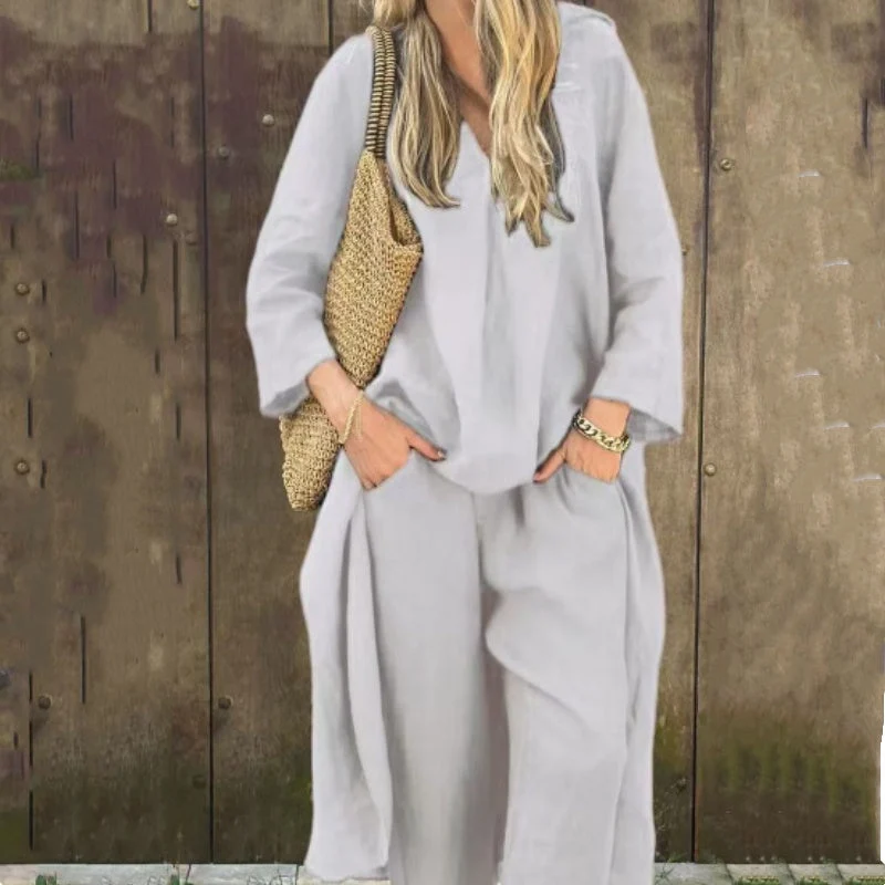 💖Traje de dos piezas de lino de verano para mujer con bolsillos y escote en pico-ES