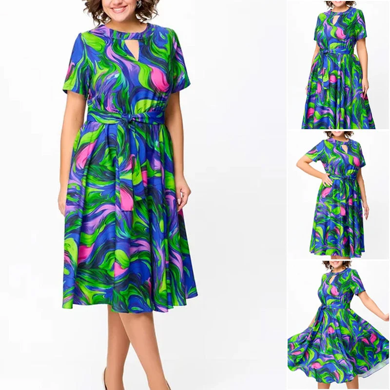 🌈Vestido midi de mujer con estampado y manga corta.-ES