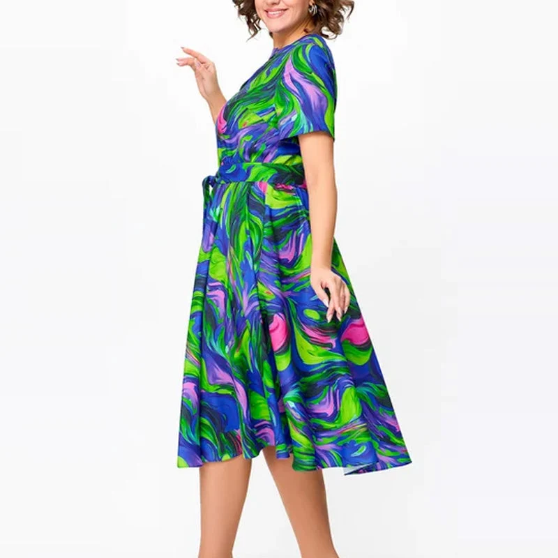 🌈Vestido midi de mujer con estampado y manga corta.-ES