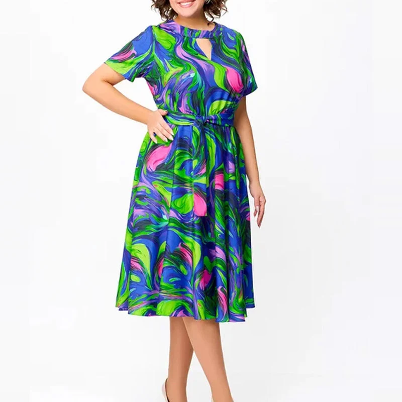 🌈Vestido midi de mujer con estampado y manga corta.-ES