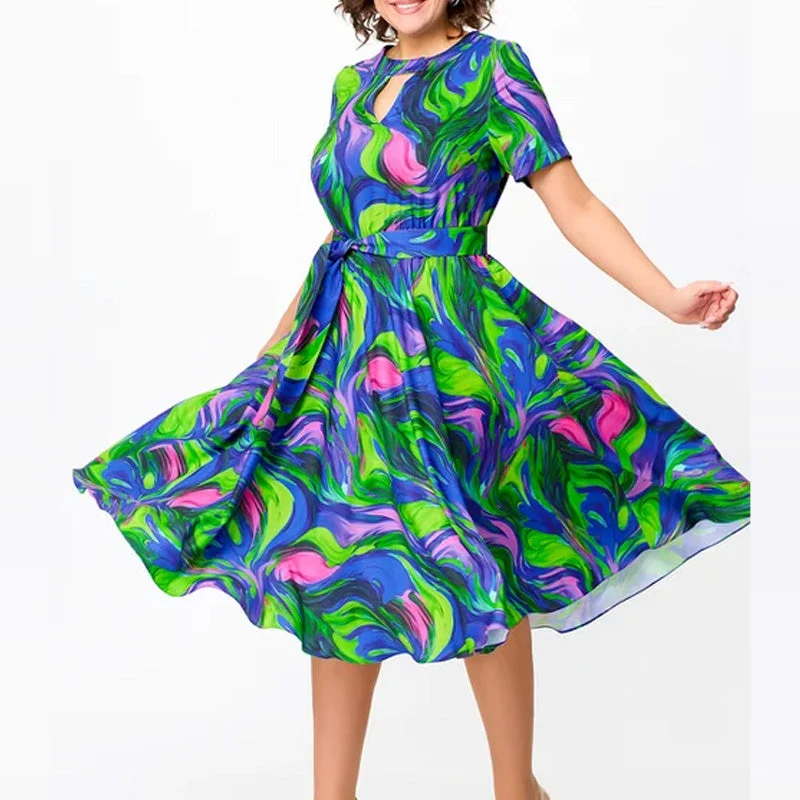 🌈Vestido midi de mujer con estampado y manga corta.-ES